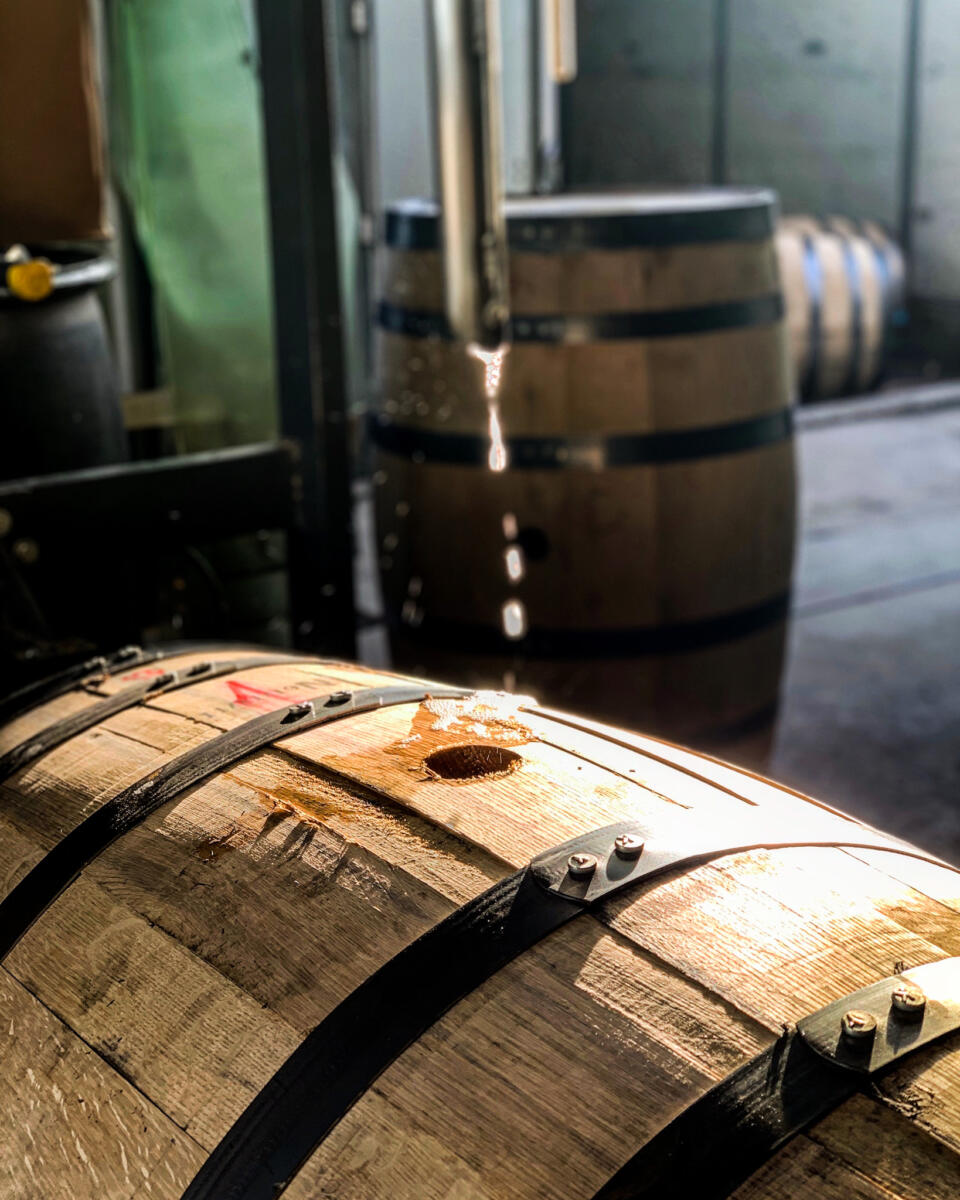 It takes about 1 1/2 minutes to fill each 53-gallon white oak barrel at Wilderness Trail Distillery.