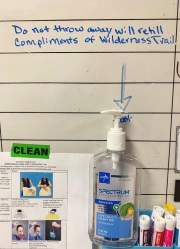 A hand sanitizer bottle at Danville's hospital notes that refills are compliments of Wilderness Trail.